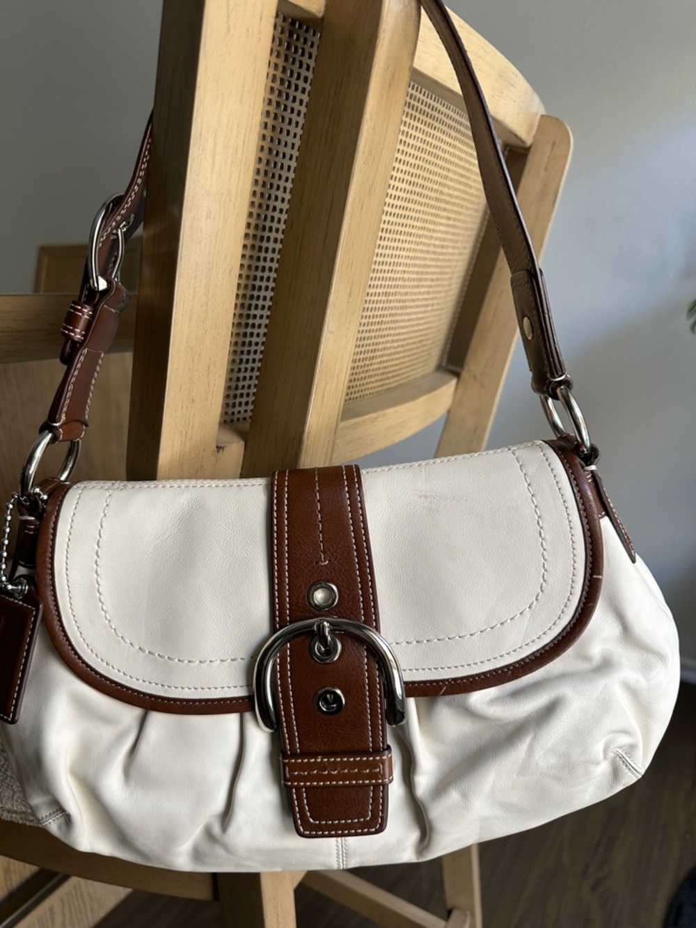 Vintage Coach White Shoulder Bag with Brown Leather Trim